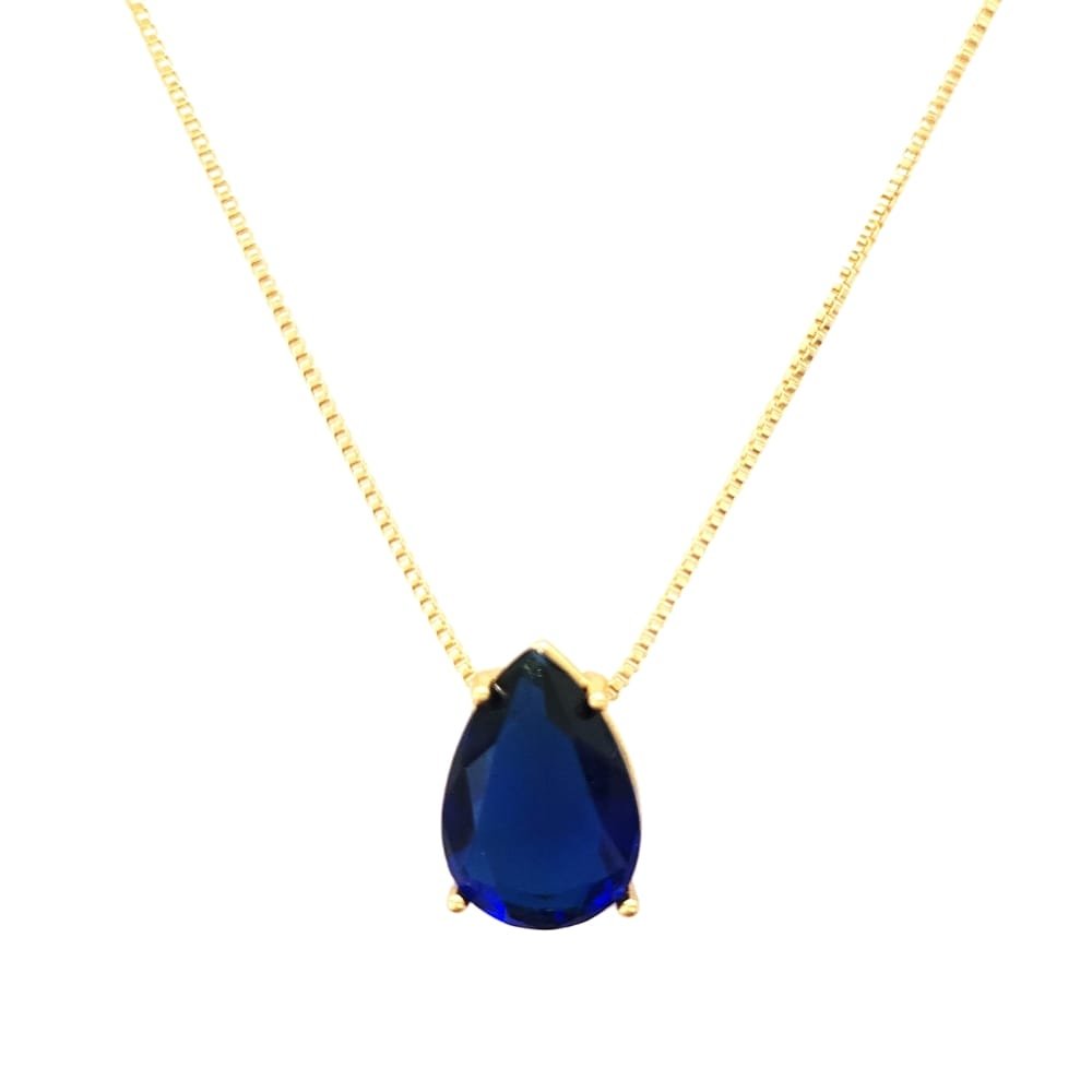 Colar Pingente Gota Cristal Lapidado Cor Safira Banho Ouro 18k