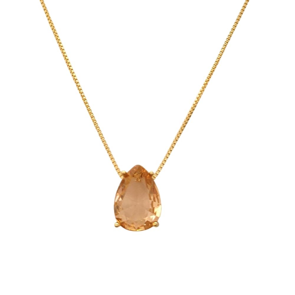 Colar Pingente Gota Cristal Lapidado Cor Light Peach Banho Ouro 18k