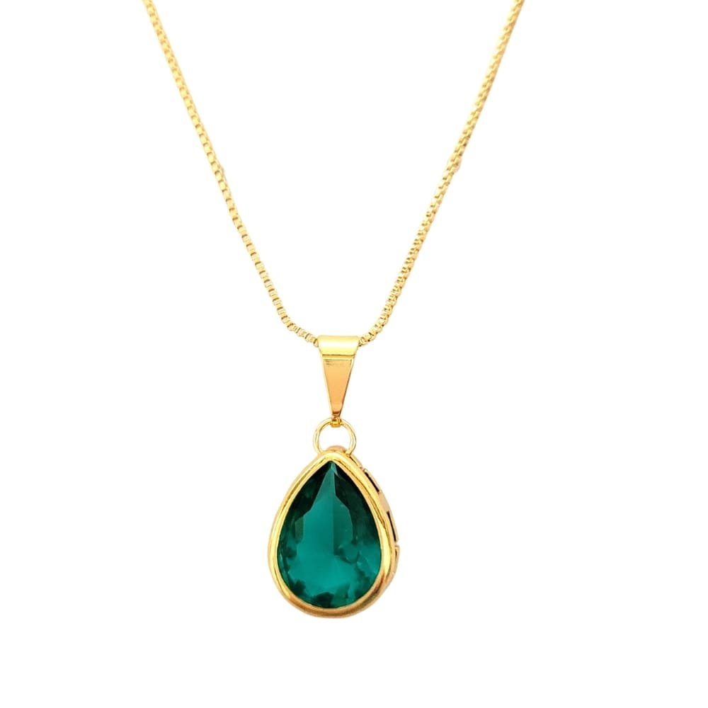 Colar Pingente Gota Cristal Lapidado Cor Esmeralda Banho Ouro 18k