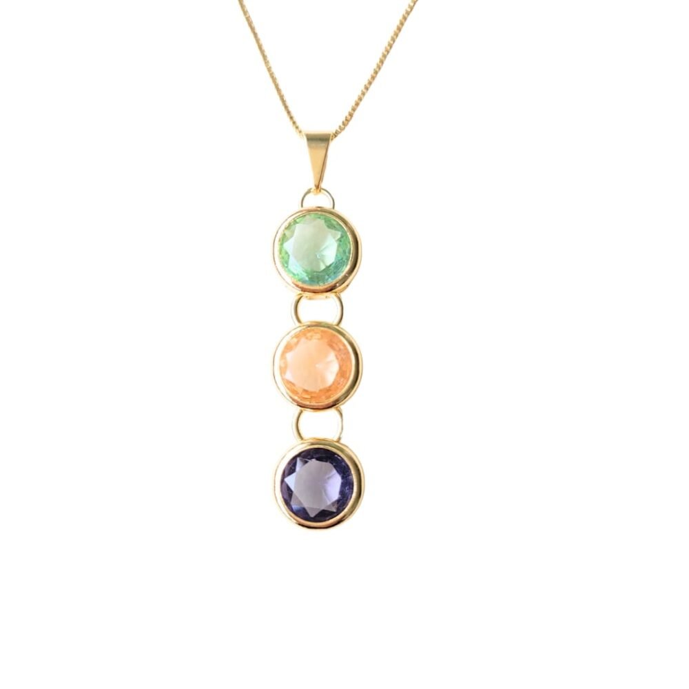 Colar  pingente trio zircônias 10mm light blue, light peach, ametista banho ouro 18k