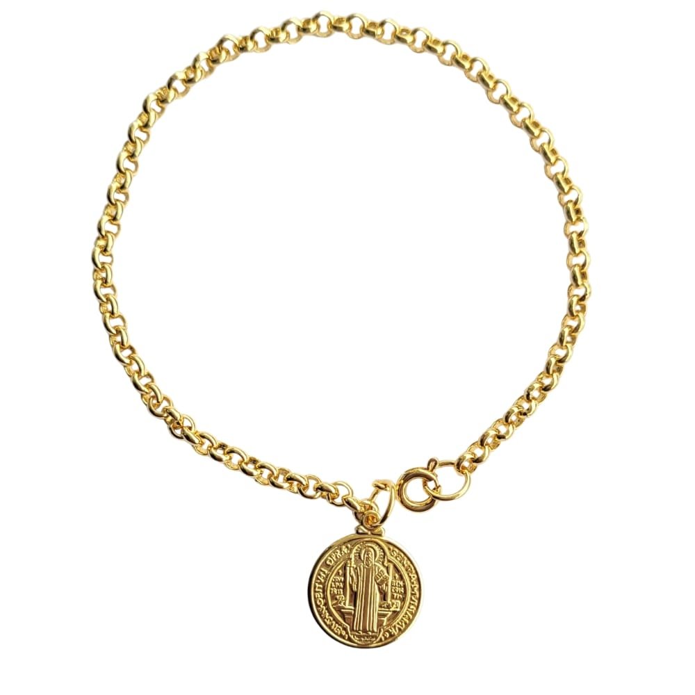 Pulseira elo português medalha de São Bento M banho ouro 18k