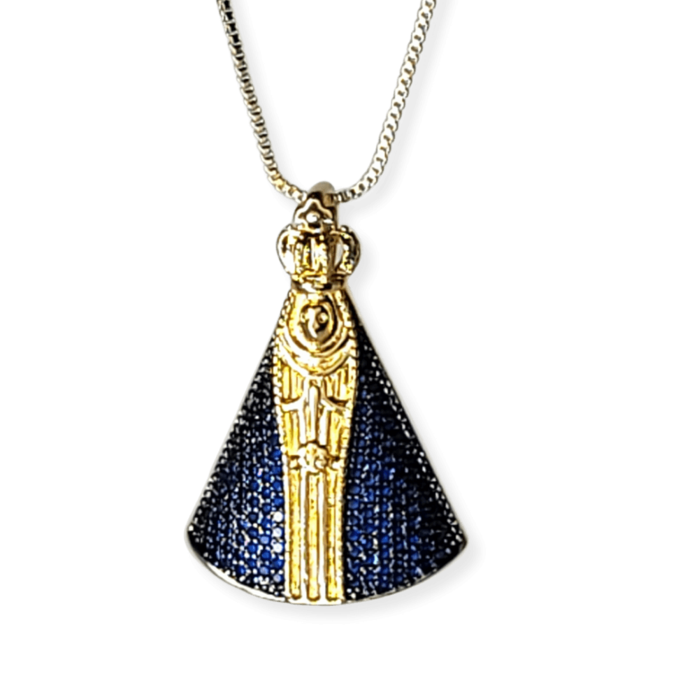 Colar pingente N.Sra.Aparecida manto cravejado micro zircônias safira banho ouro 18k