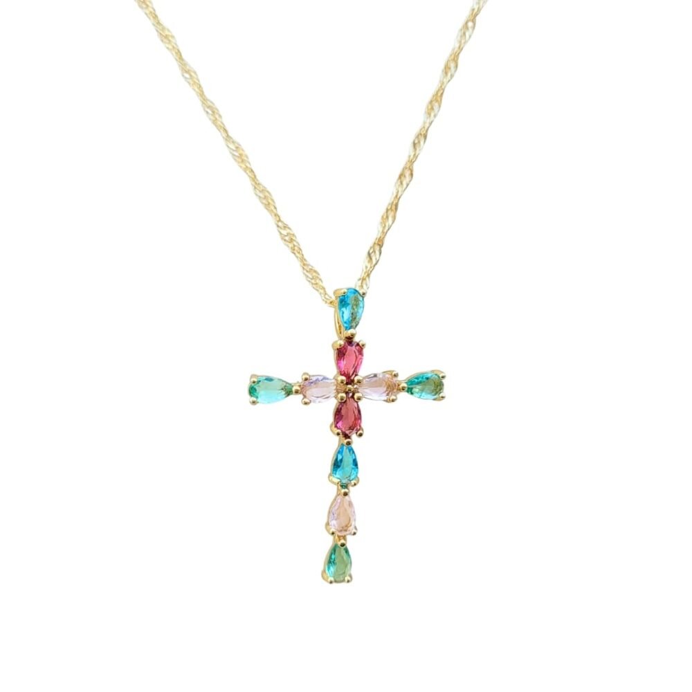 Colar cruz cristais coloridos banho ouro 18k