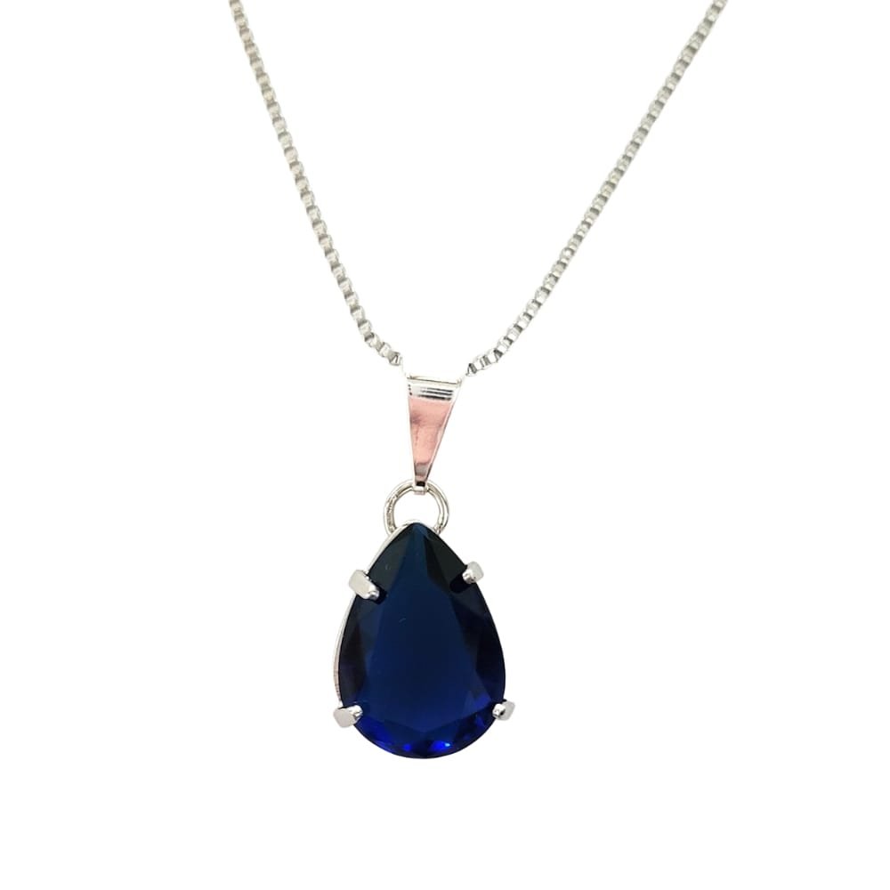 Colar Pingente Gota Cristal Lapidado Cor Safira Banho Ródio