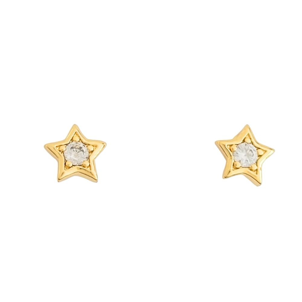 Brinco mini estrela com zircônia central banho ouro 18k