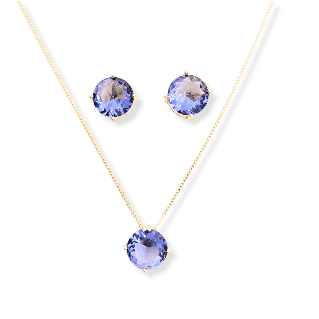 Conjunto colar e brinco ponto de luz formato redondo zircônia cor ametista banho ouro 18k