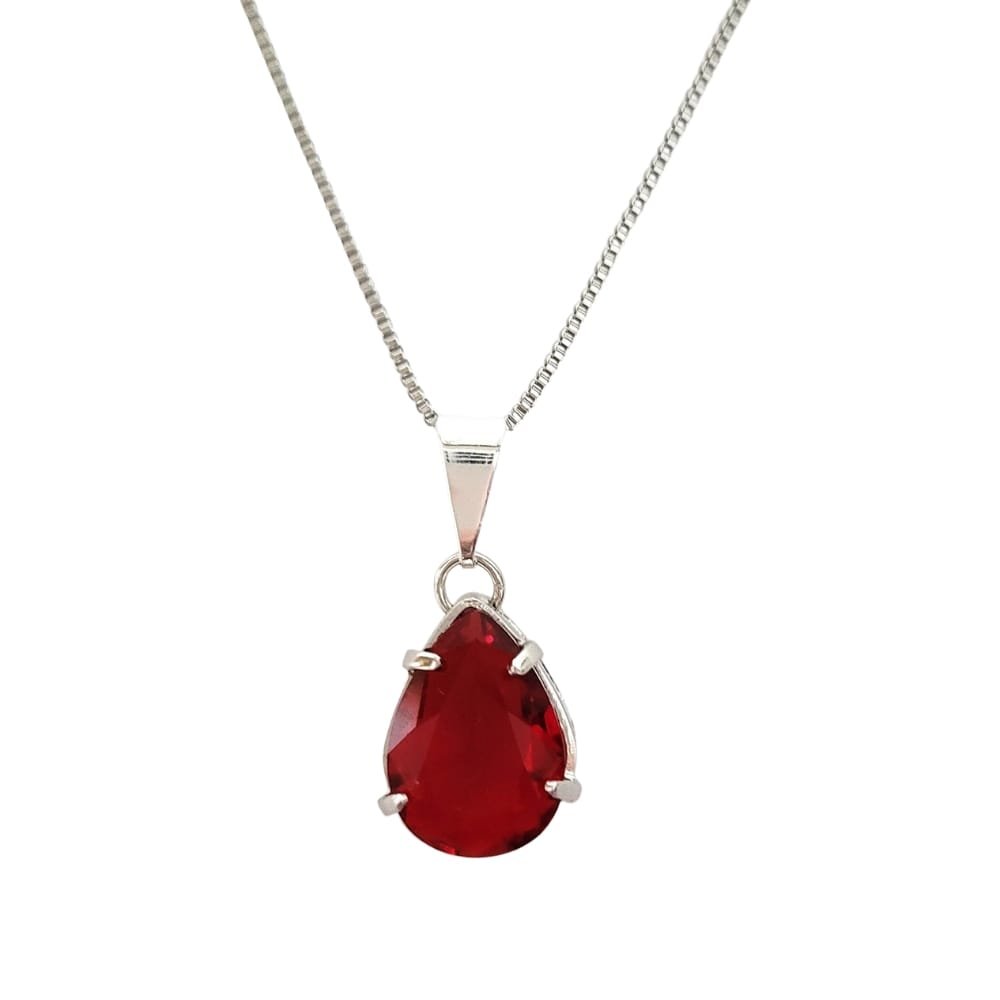 Colar Pingente Gota Cristal lapidado Cor Rubi Banho Ródio