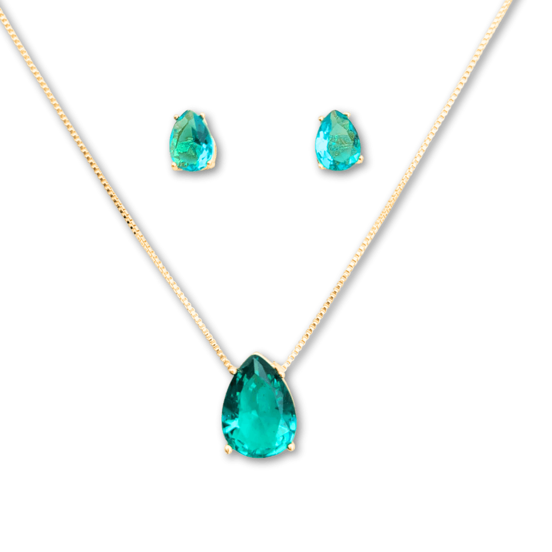 Conjunto colar e brinco ponto de luz formato gota zircônia cor turmalina banho ouro 18k