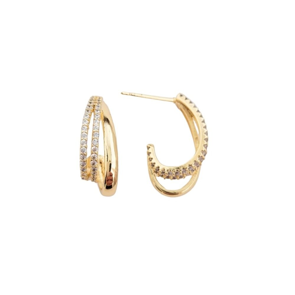 Brinco meia argola oval tripla 2 cravejadas zircônias cristal 1 lisa banho ouro 18k
