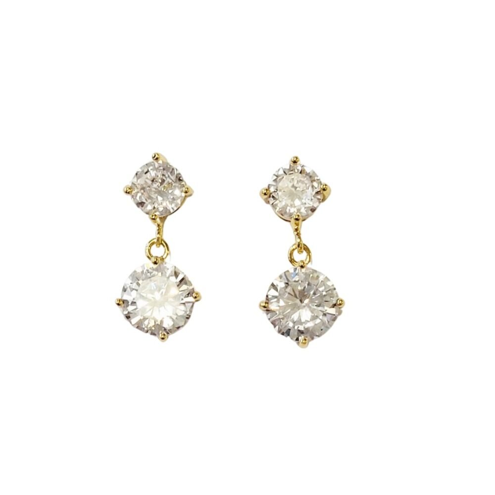 Brinco 2 pontos de luz cravação garra zircônias cristal banho ouro 18k