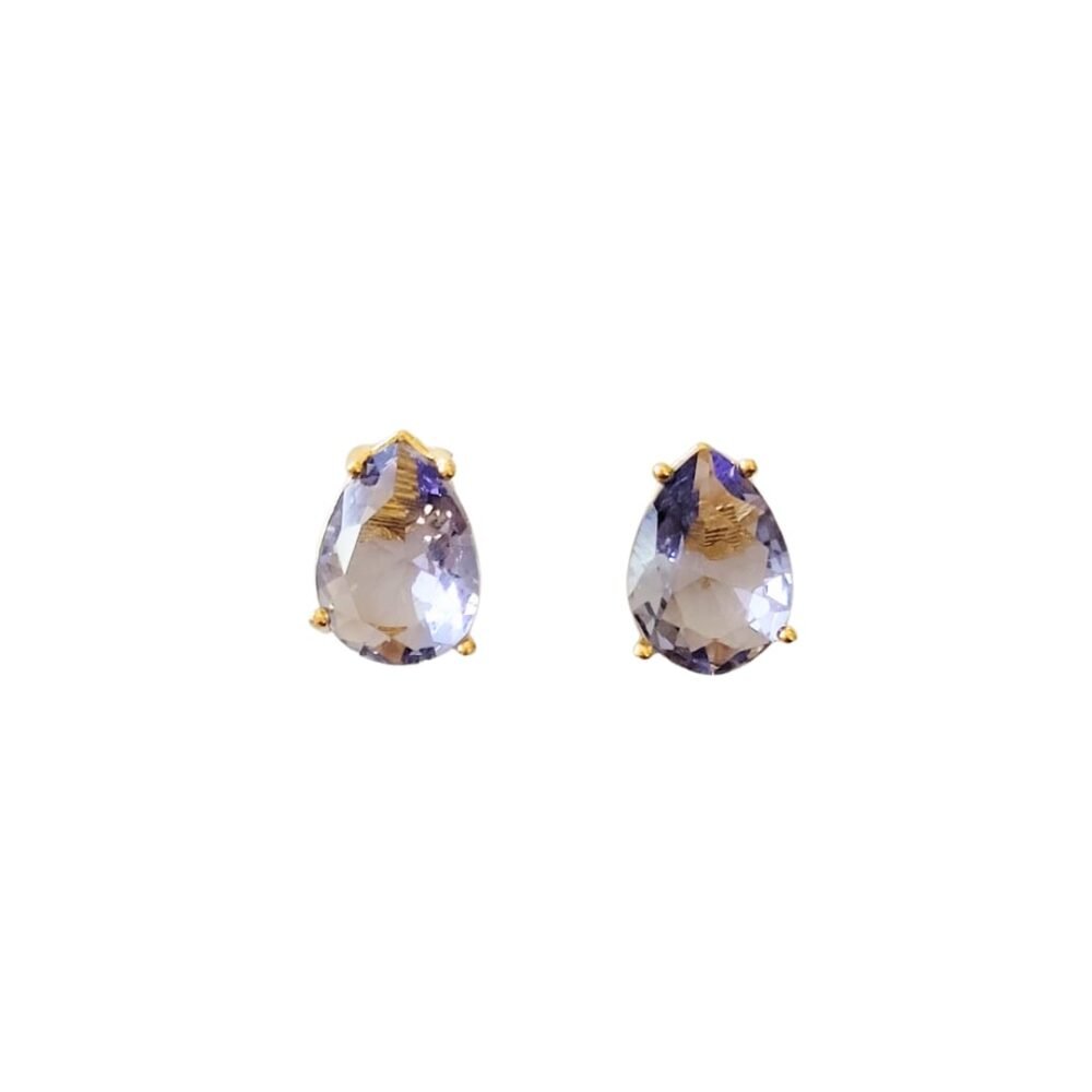 Brinco ponto de luz gota 8x10mm zircônia ametista banho de ouro 18k