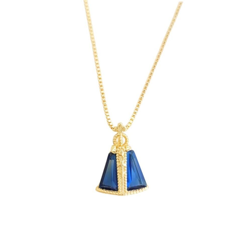 Colar pingente N. Sra. Aparecida manto cristal safira banho ouro 18k